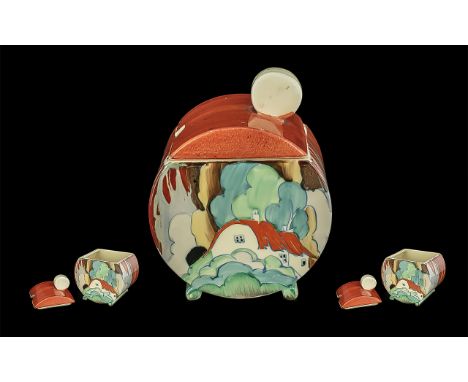 Clarice Cliff 1930's Handpainted Lidded Jam Pot 'Newlyn' Pattern, circa 1935.  Height 4.25".