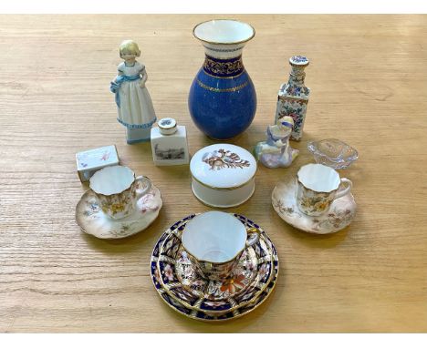 Box of Collectible Porcelain Items, comprising Royal Doulton Flambe Vase, in blue with cobalt and gilt trim, measures 7.5'' h