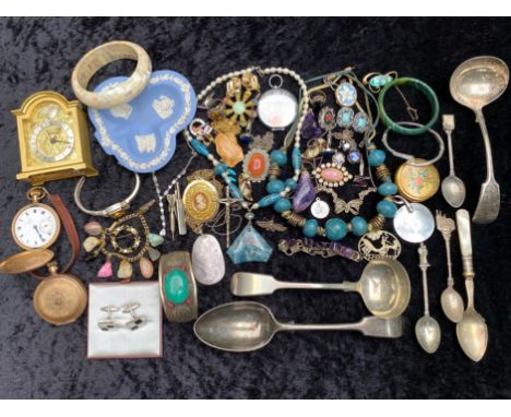 Box of Vintage Costume Jewellery &amp; Collectibles, including Marcasite pendant, stone set pendants and bracelets, bangles, 