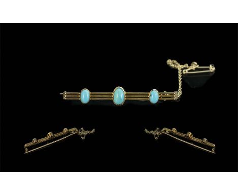 Antique Period Attractive 18ct Gold - Turquoise Set Stick Brooch, Excellent Design. Tests High Ct Gold. The Turquoise Stones 