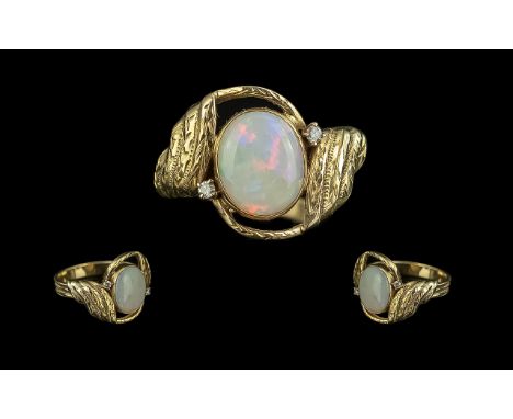 Ladies 14ct Gold Attractive Opal &amp; Diamond Set Dress Ring, good design.  The large oval shaped opal of good colour.  Est.