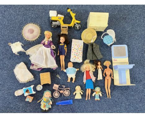 A Collection of Barbie &amp; Sindy Related Figures and Accessories, including a scooter, bureau, bathroom, chairs, etc.  Play