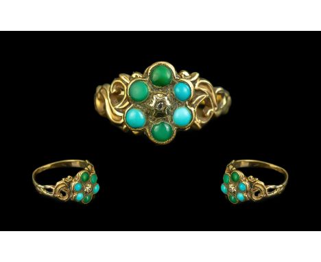 Antique Period 15ct Gold Turquoise Set Ornate Ring, flowerhead setting.  Circa mid 19th century.  Ring size J-K.  Weight 2.4 