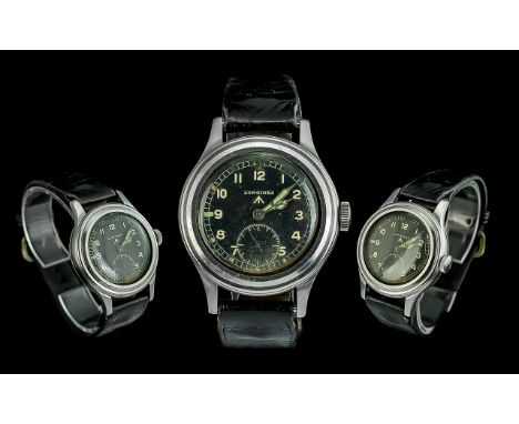 Longines - World War II Stainless Steel Military Mechanical Wrist Watch with Original Black Leather Watch Strap, All Original