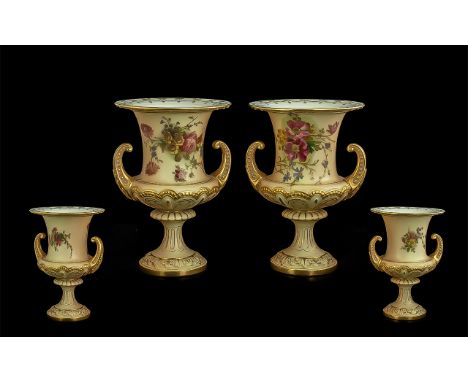 Royal Worcester Fine Quality Pair of Hand Painted Blush Ivory Campagna Twin Handled Vases decorated with painted summer flowe