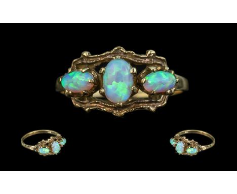 Antique Period - Attractive 9ct Gold 3 Stone Opal Set Dress Ring. Full Hallmark to Interior of Shank. The Opals of Good Colou