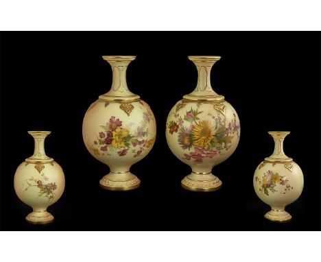 Royal Worcester Fine Quality Matched Pair of Hand Painted Blush Ivory Globular Shaped Vases decorated with images of spring f