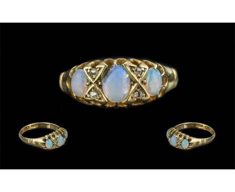 Edwardian Period 1902 - 1910 Attractive 18ct Gold 3 Stone Opal Set Ring with Diamond Spacers. Hallmark Birmingham 1907, Also 