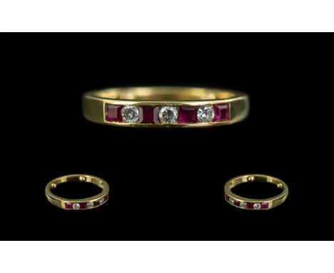 Ladies Attractive 18ct Gold Ruby &amp; Diamond Channel Set Ring - Full Hallmark To Shank, Rubies &amp; Diamonds of Excellent 