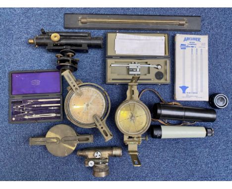 Good Mixed Lot of Antique Scientific Equipment, to include an Arcliner Beam Compass, a Miner's Dial and Surveying Compasses, 