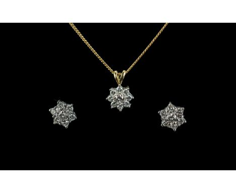 18ct Gold - Attractive Good Quality Diamond Set Cluster Pendant with Attached 18ct Gold Chain + A Matching Pair of 18ct Gold 