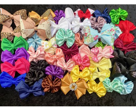 Haberdashery Interest - Large Collection of Beautiful Ribbon Hair Bows, 44 fitted with clips, plus some without, in assorted 