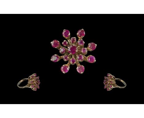 18ct Gold Attractive And Good Quality Ruby Set Cluster Ring - Starburst Design. The Rubies Of Good Colour And Clarity. Ring S