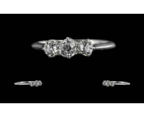 Antique Period Platinum 3 Stone Diamond Set Ring. Marked Platinum to Shank. The 3 Semi-Cushion Cut Diamonds of Excellent Colo