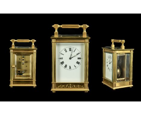 KJB - Gilt Brass Carriage Clock, 8 Day Striking, Lever Platform Movement, White Enamel Dial. Height 4 Inches - 10 cms. With K
