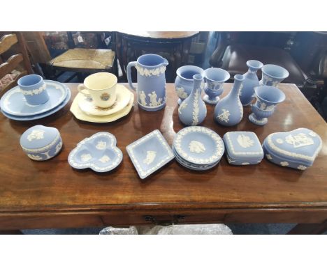 Small Mixed Lot of Wedgwood Jasperware, including trinket boxes, jugs, vases, etc.  Together with a Coronation trio.