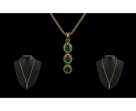 Ladies - Superb Quality 18ct Gold Emerald and Diamond Set Drop Pendant Drop, Attached to a Superior 18ct Gold Foxtail Designe