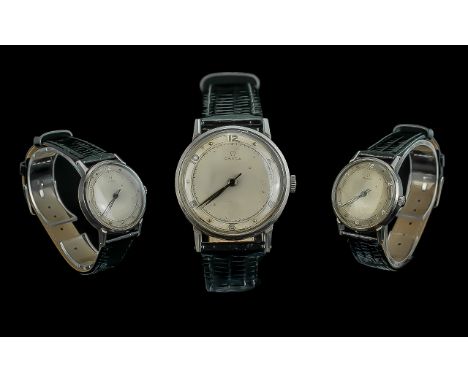 Omega Gent's 1950s Steel Cased Mechanical Watch with leather watch strap, features silver markers, seconds sweep, enamel dial