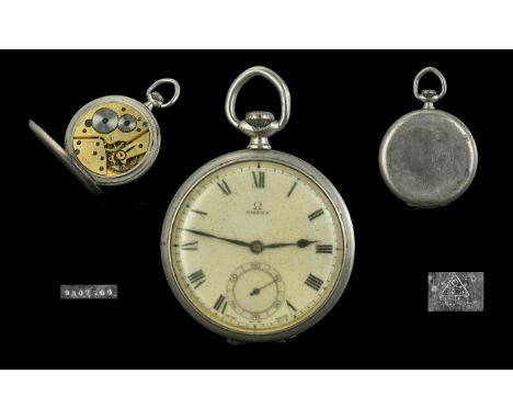 An Omega Pocket Watch, white enamel dial with Roman numerals and subsidiary seconds, dial marked Omega.  48 mm chrome plated 