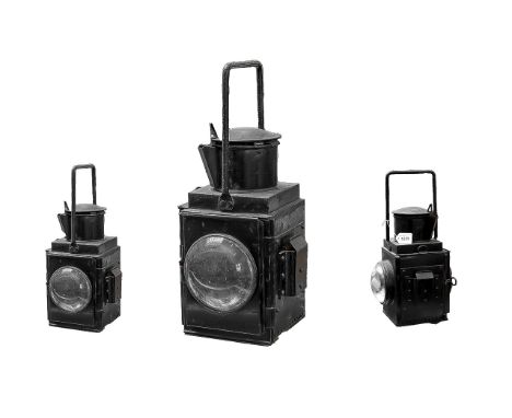Railway Interest - Antique Steam Train Lantern, black heavy metal lantern with light either side, measures approx 18'' high x
