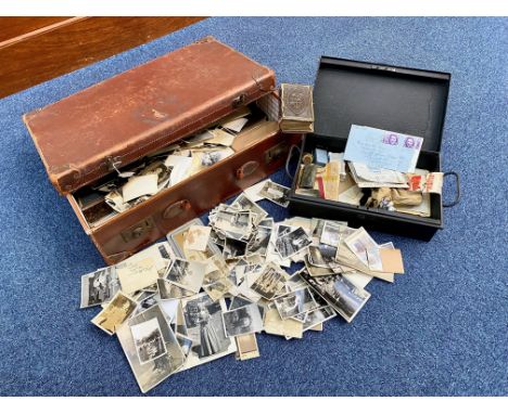 Suitcase Full of Ephemera, including postcards, photographs, vintage book Humours of History, old pensions and insurance book