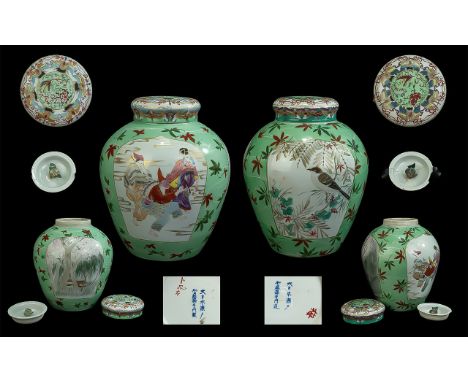 A Fine Japanese Pair of Large &amp; Impressive Lidded Hand Painted &amp; Signed 18th Century-19th Century Vases, with interio