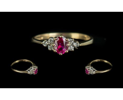 Ladies 9ct Gold Attractive Petite Ruby and Diamond Set Ring. Full Hallmark to Shank. Ruby and Diamonds of Good Colour / Clari