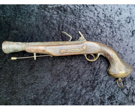 Indonesian Made Flintlock Blunderbuss Type Musket, display purposes only.  Overall length, 19". Together with a Samurai Sword