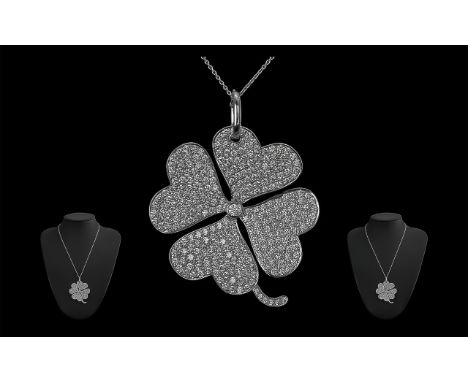 18ct White Gold Superb Quality and Impressive Large Diamond Set Pendant Necklace in the form of a four-leaf clover, the well 