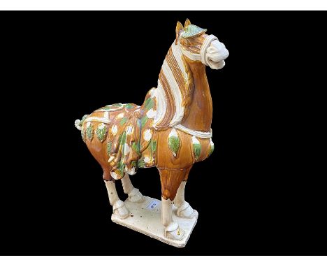 Ceramic Figure of a Standing Tang Style Chinese Horse, decorated with colourful saddle and bridle.  Lovely face!  Height 19".