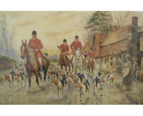 Edwardian hunting scene watercolour, initialled & dated "M.R. 1907", in original oak frame,19 x 28 cm 