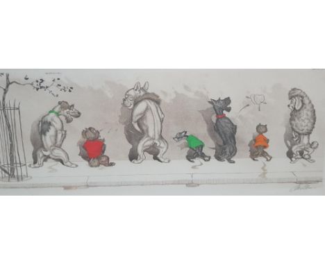 Arthur Boris O'KLEIN (1893-1985) hand coloured, pencil signed etching of dogs, also pencil inscribed, framed and glazed,18 x 
