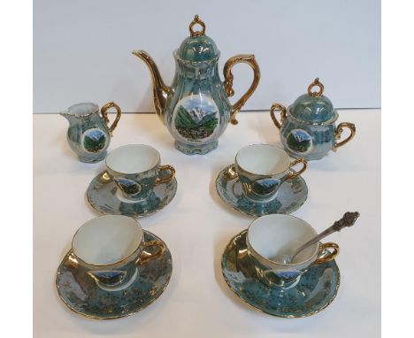 Complete Swiss turquoise Interlaken coffee set to include 4 coffee cups &amp; saucers, coffee pot, sugar bowl and milk jug 