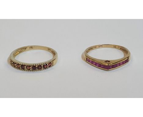 2 x 9ct Band rings, one imported yellow gold Natural Garnet band ring, and one imported yellow gold round Ruby band ring. App