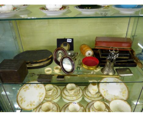 SHELF OF INTERESTING TINS, MANICURE SET, VANITY CASE, MINIATURES