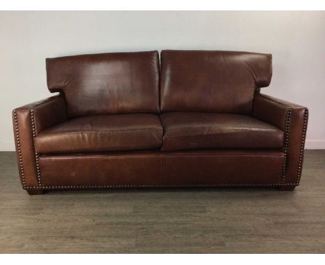 BROWN LEATHER SOFA CONTEMPORARY with copper studs78cm high, 195cm wide, 90cm deep