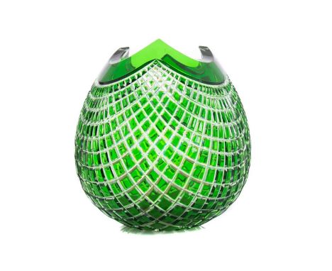 CAESAR CRYSTAL BOHAEMIAE, QUADRUS VASE LATE 20TH CENTURY with green overlaid decoration below a scalloped neck, bearing label