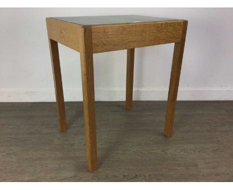 PETER HALL &amp; SON OF STAVELEY, PAIR OF OAK SIDE TABLES LATE 20TH CENTURY with green slate tops60cm high, 50cm wide, 40cm d