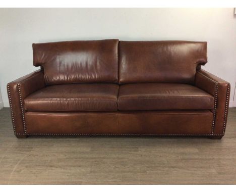 BROWN LEATHER SOFA CONTEMPORARY with copper studs78cm high, 215cm wide, 90cm deep