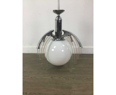 ART DECO CHROMED CEILING LIGHT with opaque glass globular shade and four stylised inserts (three original glass and one later