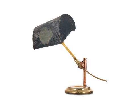 ART DECO BRASS AND COPPER BANKER'S DESK LAMP EARLY 20TH CENTURY with green painted hooded shade, over an adjustable column su
