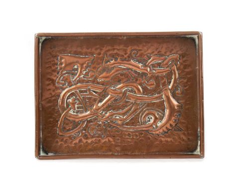 NEWLYN SCHOOL, ARTS &amp; CRAFTS HAMMERED COPPER DISH EARLY 20TH CENTURY rectangular form, decorated with Celtic dragon motif