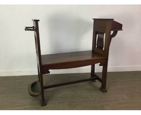 SHAPLAND &amp; PETTER, ARTS &amp; CRAFTS MAHOGANY HALL SETTLE EARLY 20TH CENTURY with stick/umbrella stand fixtures86cm high,