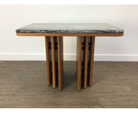 BENDIXEN DENMARK, MARBLE TOPPED TEAK SIDE TABLE CIRCA 1970-79 rectangular outline, on vertical supports, bears label53cm high