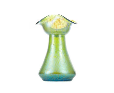 ATTRIBUTED TO LOETZ, ART NOUVEAU IRRIDESCENT GLASS VASE LATE 19TH CENTURY with trefoil moulded rim over a tapered circular bo