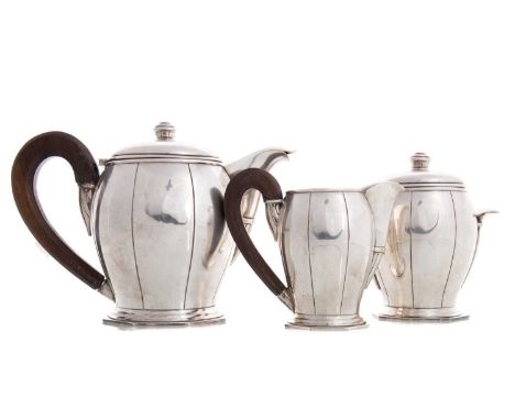 ATTRIBUTED TO BOUILLET &amp; BOURDELLE, ART DECO SILVER PLATED THREE-PIECE TEA SERVICE EARLY 20TH CENTURY, FRENCH circa 1930s