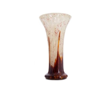 CZECHOSLOVAKIAN ART GLASS VASE CIRCA 1930-50 of trumpet form, in flecked and mottled cream to brown ground29.8cm highMay have