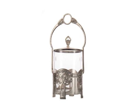 WMF, SECESSIONIST SILVER PLATE AND CUT GLASS BISCUIT BARREL EARLY 20TH CENTURY the cover with knop finial, the glass insert w