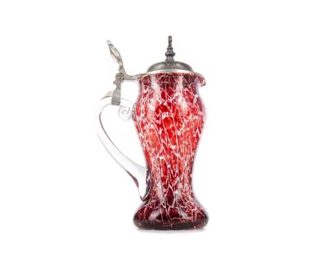 WMF, ART NOUVEAU RUBY FLASHED GLASS CLARET JUG LATE 19TH CENTURY with hinged pewter cover stamped WMF, the waisted body in mo