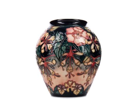 RACHEL BISHOP FOR MOORCROFT, 'OBERON' PATTERN VASE CONTEMPORARY of baluster form, tube lined with foliage on a graduated grou